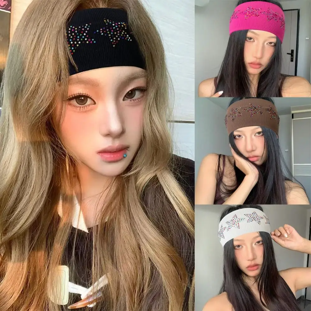

Fashion Pure Color Rhinestone Star Headband Soft Sweat Absorbing Elastic Headband Headwear Face Wash Sports Hairband Yoga