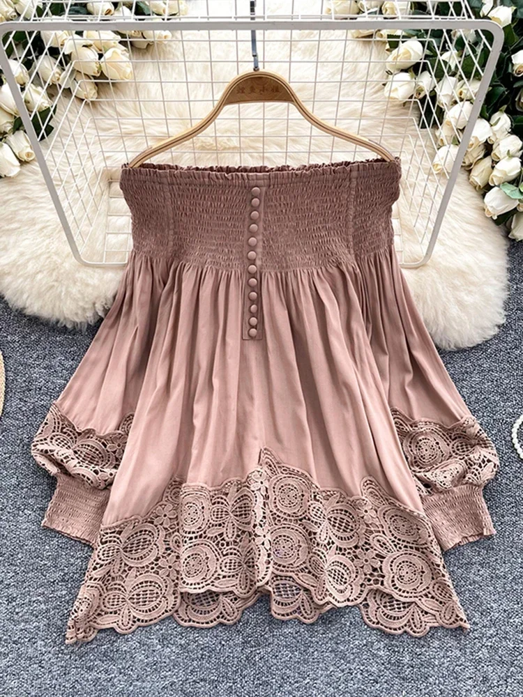 

Holiday Beach Shirt Top with Hollowed Out Lace Patchwork Lantern Sleeves and Ruffle Edge French Style Blouse for Women A217