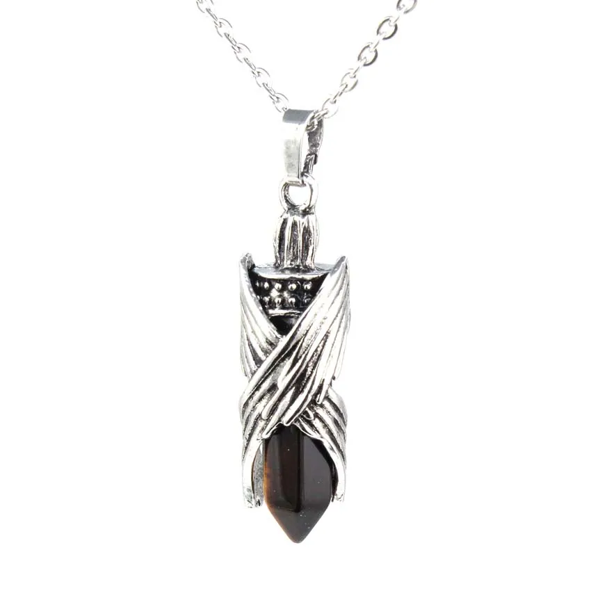 Crystal Archangel Angel Necklace Natural Amethyst Lapis Lazuli Hexagon Prism Tiger Eye Stone Pendant Silver Color Chain Jewelry