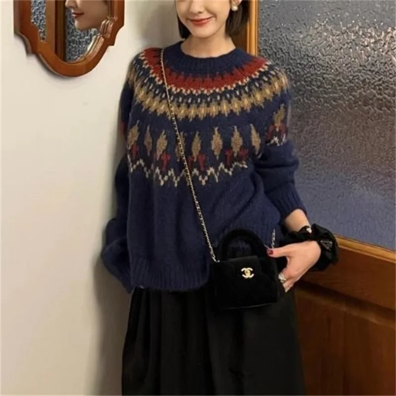 

Fall Winter Pattern Print Vintage Sweater Women Fashion Round Neck Knitwear Top Pullover Casual Long Sleeve Warm Sweaters Jumper
