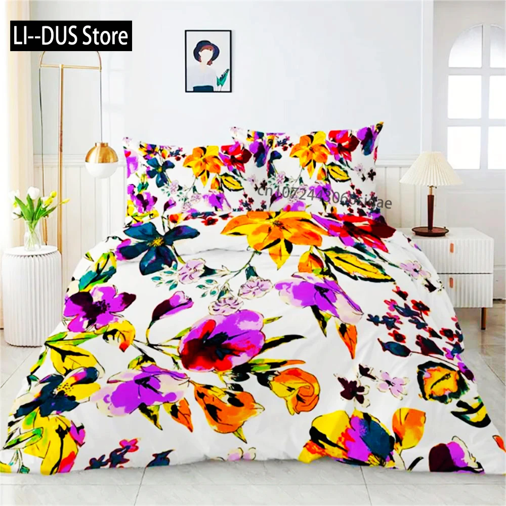 

3 Pcs Purple And Orange Flowers Printed Bedding Set Elegant Design Duvet Cover Set Suitable For All Seasons