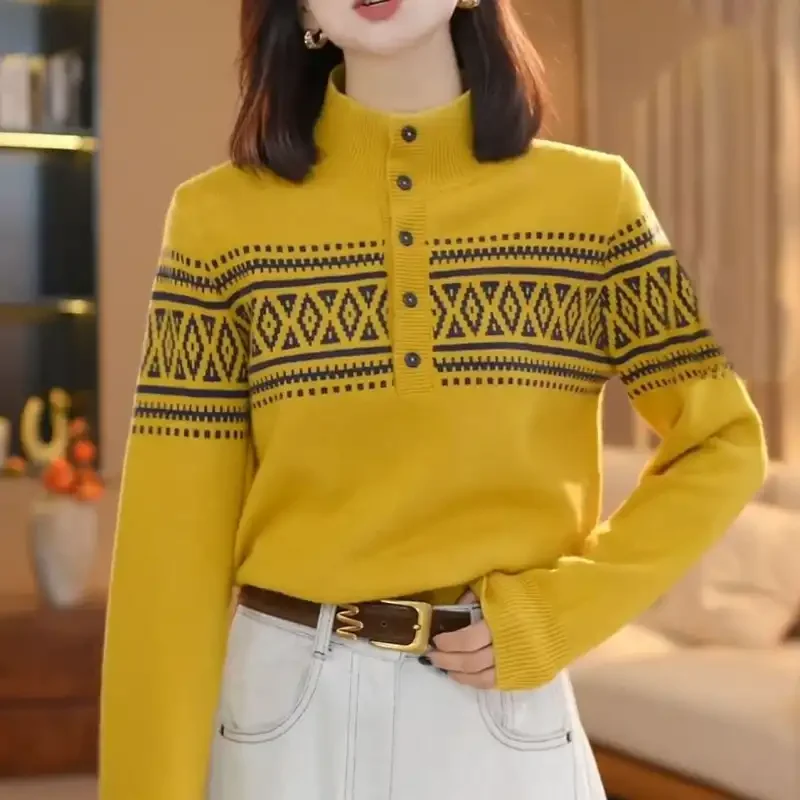 

Yellow Geometric Patterned Knit Blouse With Half High Collar And Button Front For Women Casual Spring Autumn Wear