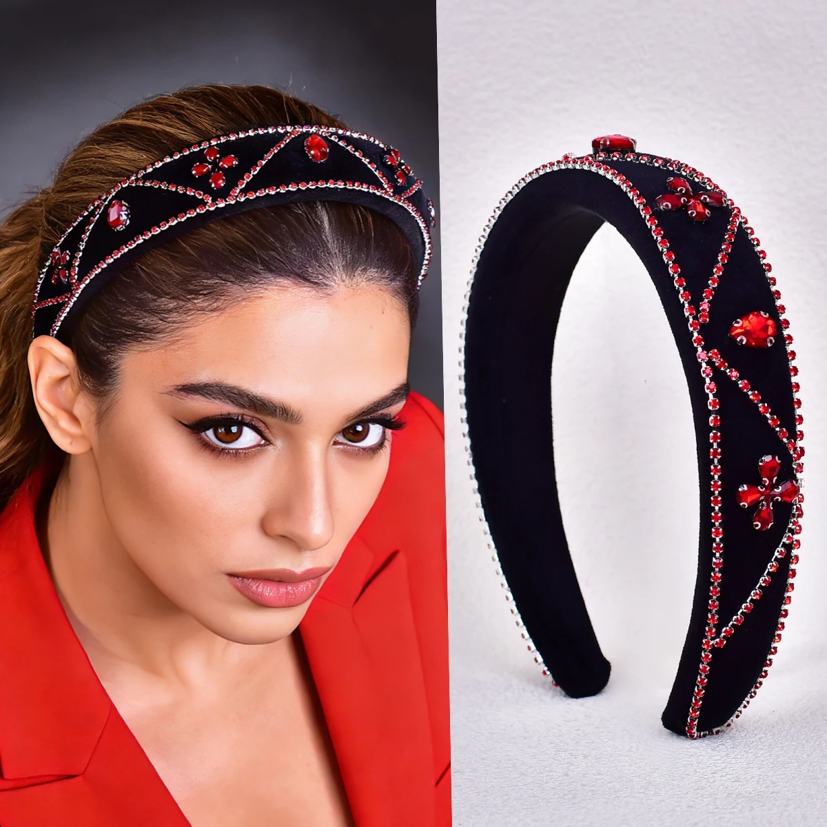ボヘミアンレッドラインストーンヘッドバンド結婚式宴会イブニングガラスタイルブラックベルベットパーティーヘアアクセサリーヘッドピースsa38