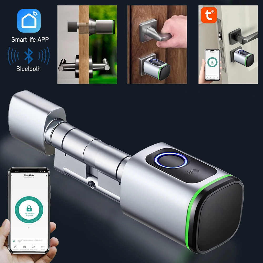 Tuya Smart Lock Keyless Fingerprint Digital Electronic Cylinder Lock Mechanical Key IC/NFC Card Key Fobs App Easy Remote Control