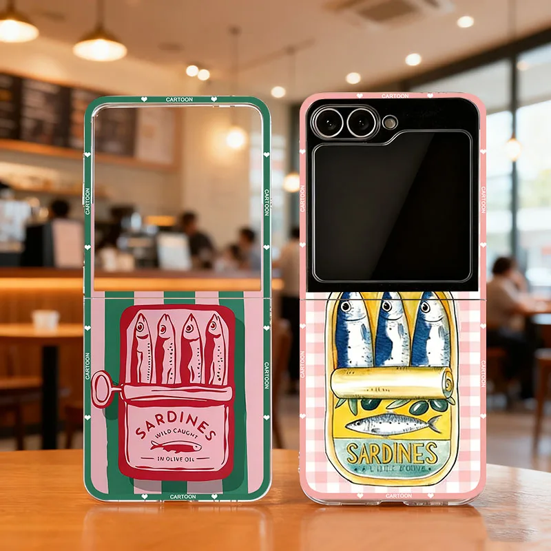 Funny Cartoon Sardines Color Fish Phone Case For Samsung Z Flip 7 6 5 4 3 Z Flip7 INS Korea Striped Pattern Clear Hard PC Cover