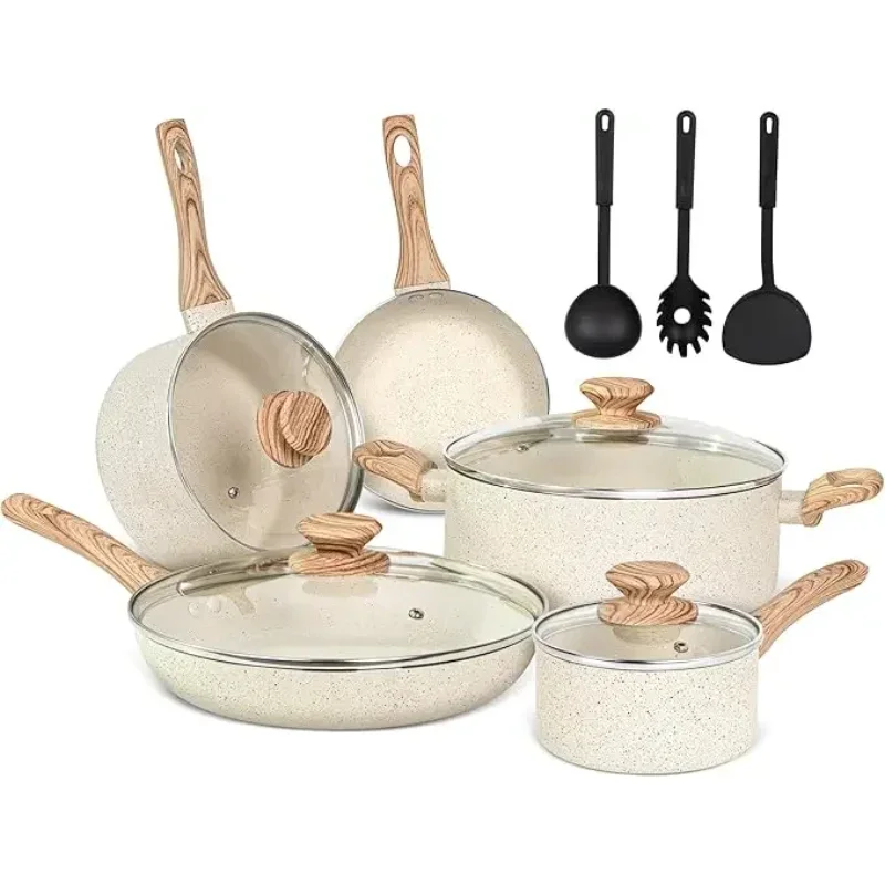 

12Pcs Pots and Pans Set, Granite Induction Nonstick Cookware Sets Cookware Non Stick Cooking Set w/Frying Pans- White