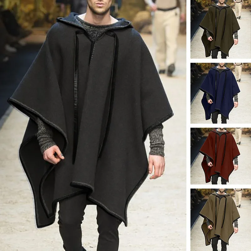 

Men's Spring and Autumn Cape Shawl Hooded Casual Pullover Woolen Cape Coat