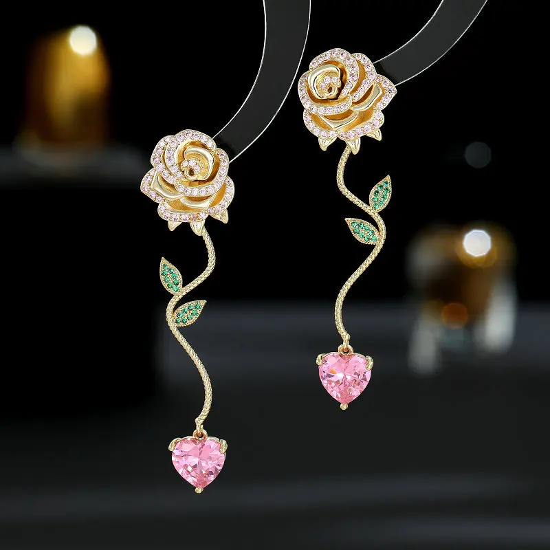 Gold Tone Rose Cubic Zirconia Long Drop Earrings Twisted Stem Leaf Pink Heart Crystal Dangle Earrings For Women Daily Wear