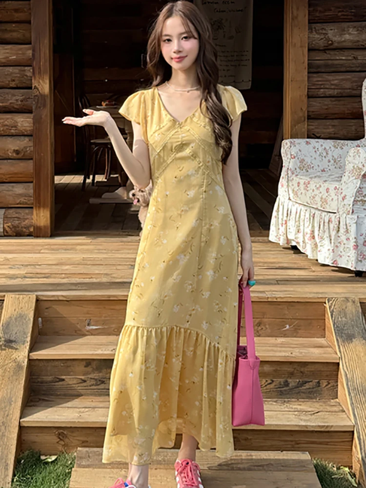 

Women Floral Chiffon Ruffled Maxi Dress Summer Short Sleeve V-Neck Casual Holiday Dress 2025 Korean Elegant Bodycon Party Dress