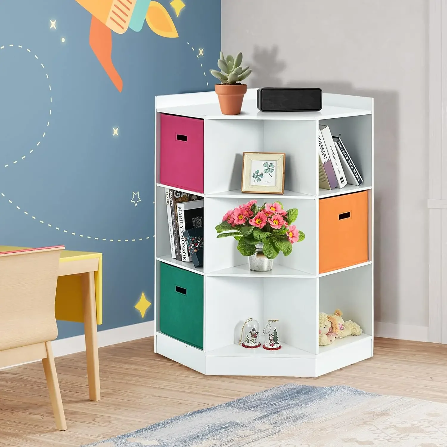 Bookcase with Large Storage Drawers, Children's Corner Cabinet with 6 Cubes and 3 Shelves, Wooden Storage Sideboard Suitable for