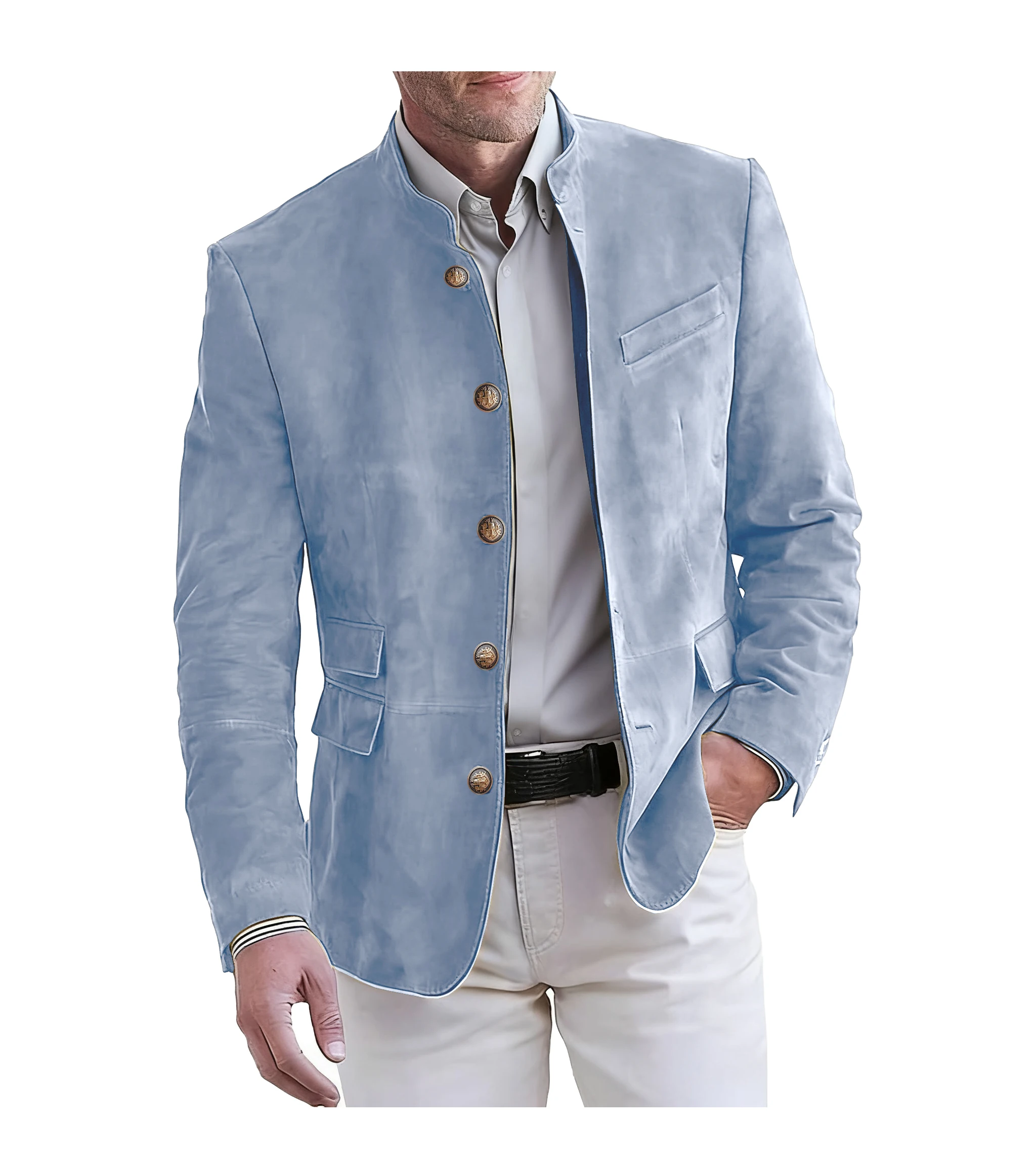 남성용 우아한 멀티 포켓 블레이저 재킷 스탠드 칼라 싱글 브레스티드 캐주얼 아우터웨어 솔리드 컬러 레귤러 남성 오피스 재킷