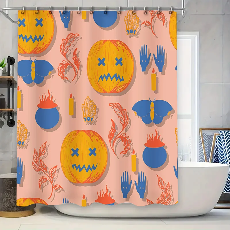 Charming Halloween-themed Shower CurtainSpooky Jack-O-Lanterns Magic Symbols in Vibrant Orange Palette Home Decor Accents for Ba