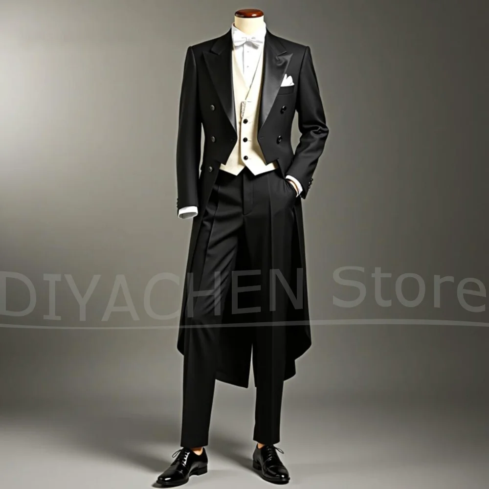 

Fashion Men's Suit Satin Peak Lapel Double Breasted Wear Slim 3 Piece Formal Outfit for Wedding Party Opera Prom Tailcoat