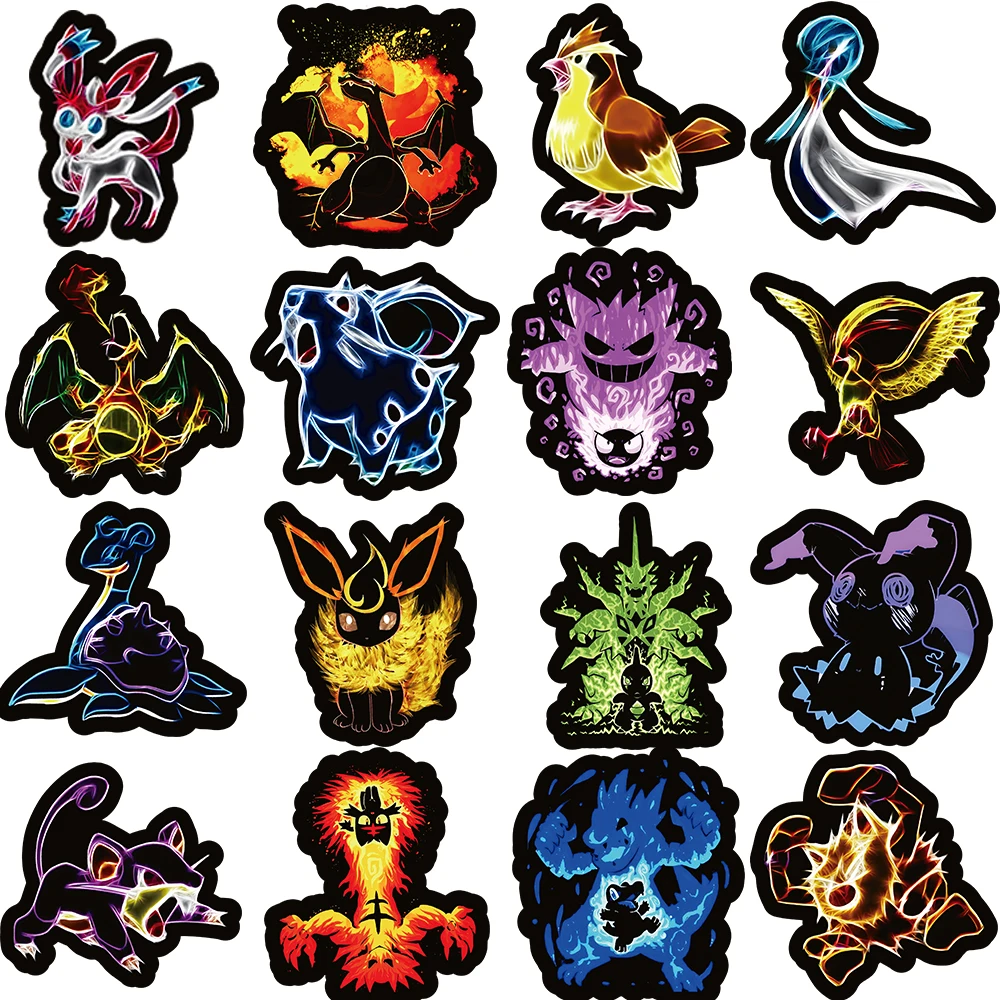 10/30/50/100pcs Anime Pokemon Neon Light Stickers Cartoon Pikachu Eevee Decals Phone Skateboard Notebook Cool Graffiti Sticker