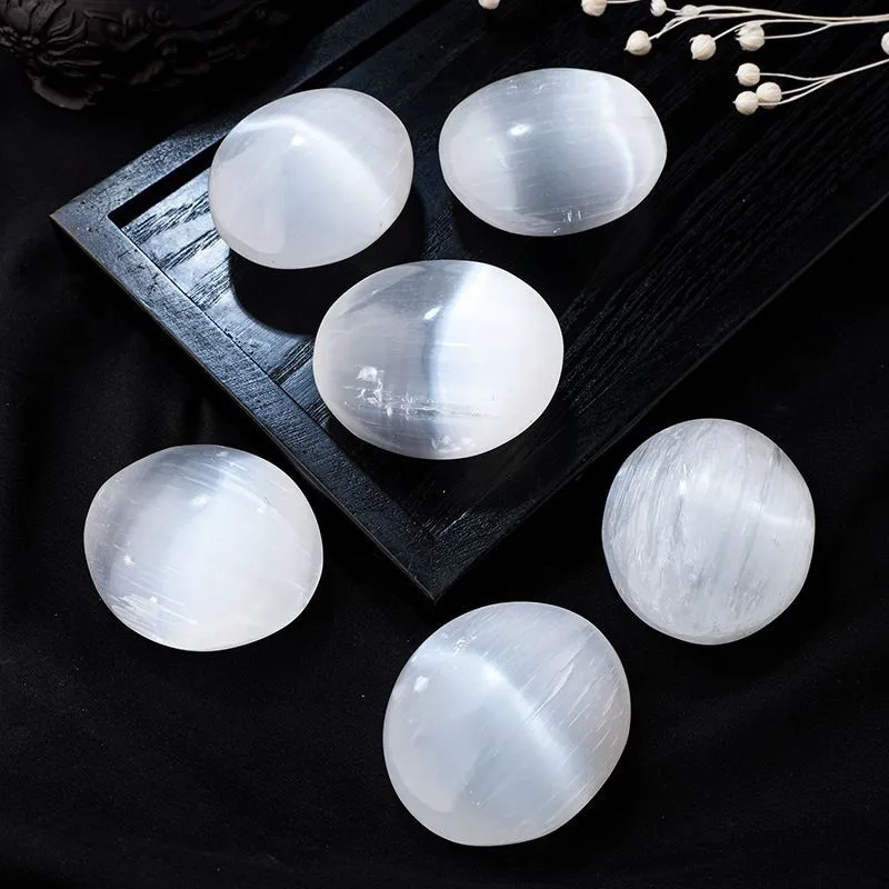 6cm Natural Crystal Selenite Polishing Fingertip Toy Hot Compress Massage Palm Stone Energy Reiki Home Decor Ellipse Gift