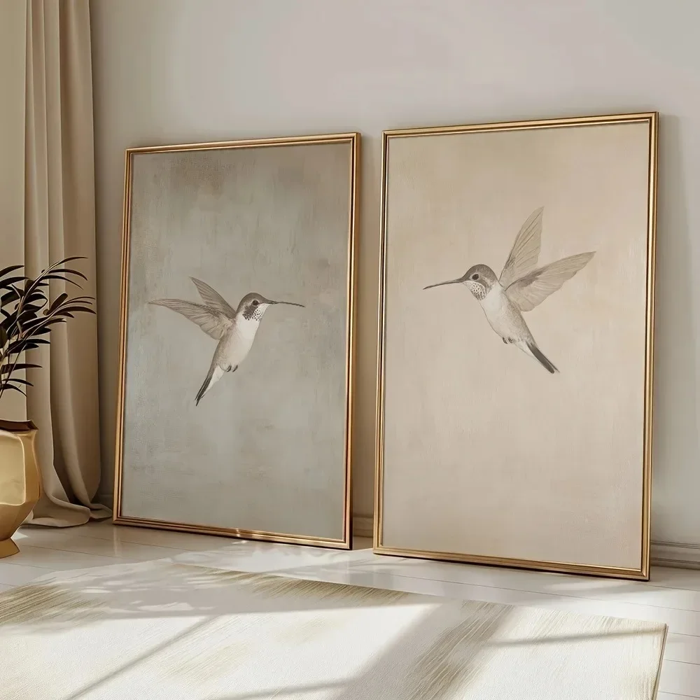 2pcs Frameless,2D FlatUnframed 2Pcs Canvas Wall Art Vintage Hummingbird Print Set, Neutral Antique Bird Poster for Cottage Livin