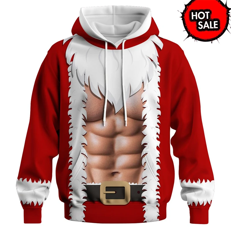 Weihnachtsmann Herren Grafik Hoodie Modische Lustige Muskel 3D Gedruckt Pullover Hoodies Männer Hässliche Weihnachten Urlaub Hoodie Kleidung