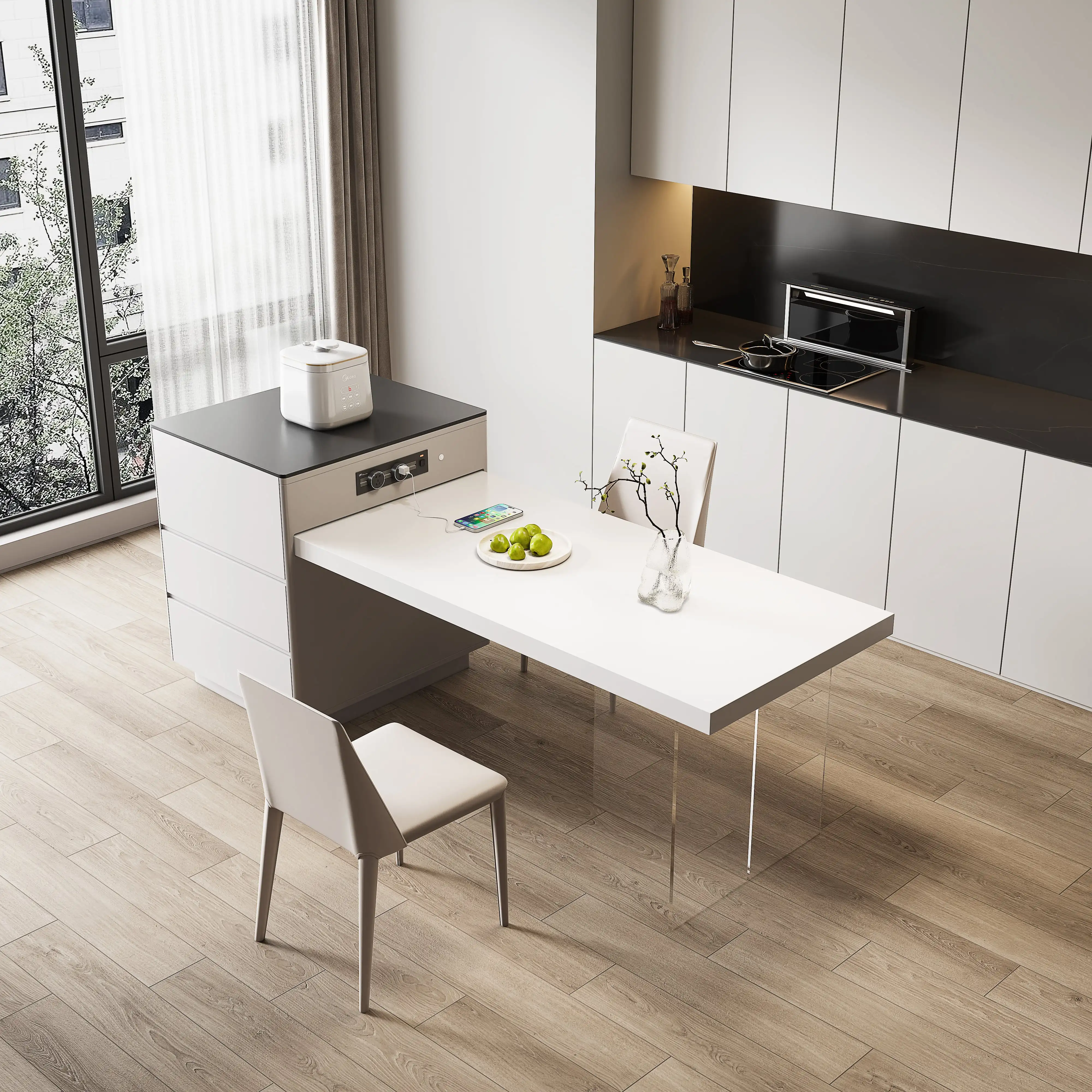 

Kitchen Island with Extendable Dining Table Rolling Kitchen Storage Cart on Wheels with Spice Rack Cabinet for Kitchen