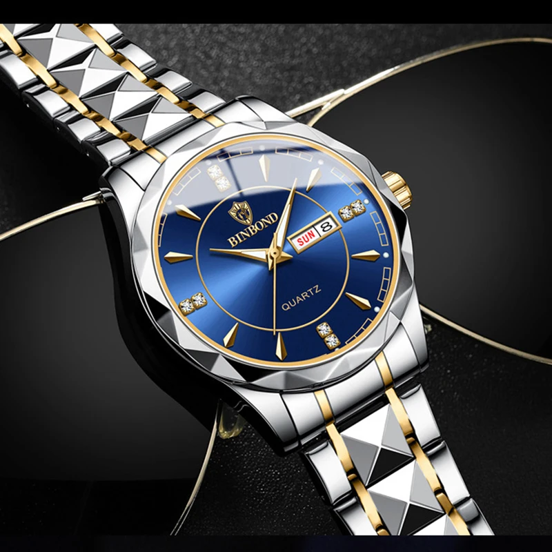 ساعة BINBOND الرجالية الفاخرة الماسية المضيئة بتقويم مزدوج وحركة كوارتز مقاومة للماء من الفولاذ المقاوم للصدأ ساعة رجال الأعمال العصرية