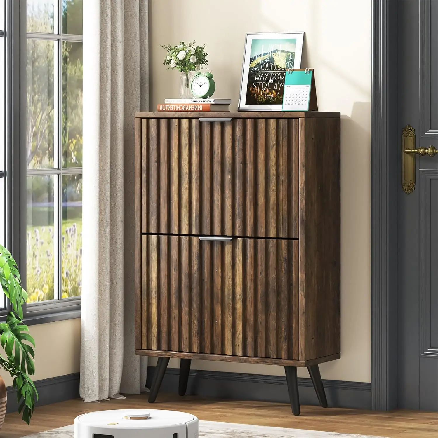 

Slim Wood Shoe Cabinet with Flip Drawers Narrow Entryway Storage Organizer Hallway 23.6in Walnut Mid Century Customized