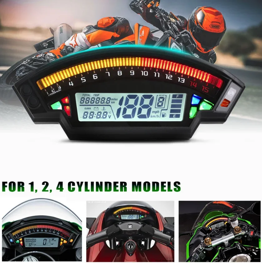 Motorcycle Digital Speedometer 199km/h Rev Counter 15000RPM 6 Gear Fuel Level LED Display Dashboard for 1 2 4 Cylinders Engine