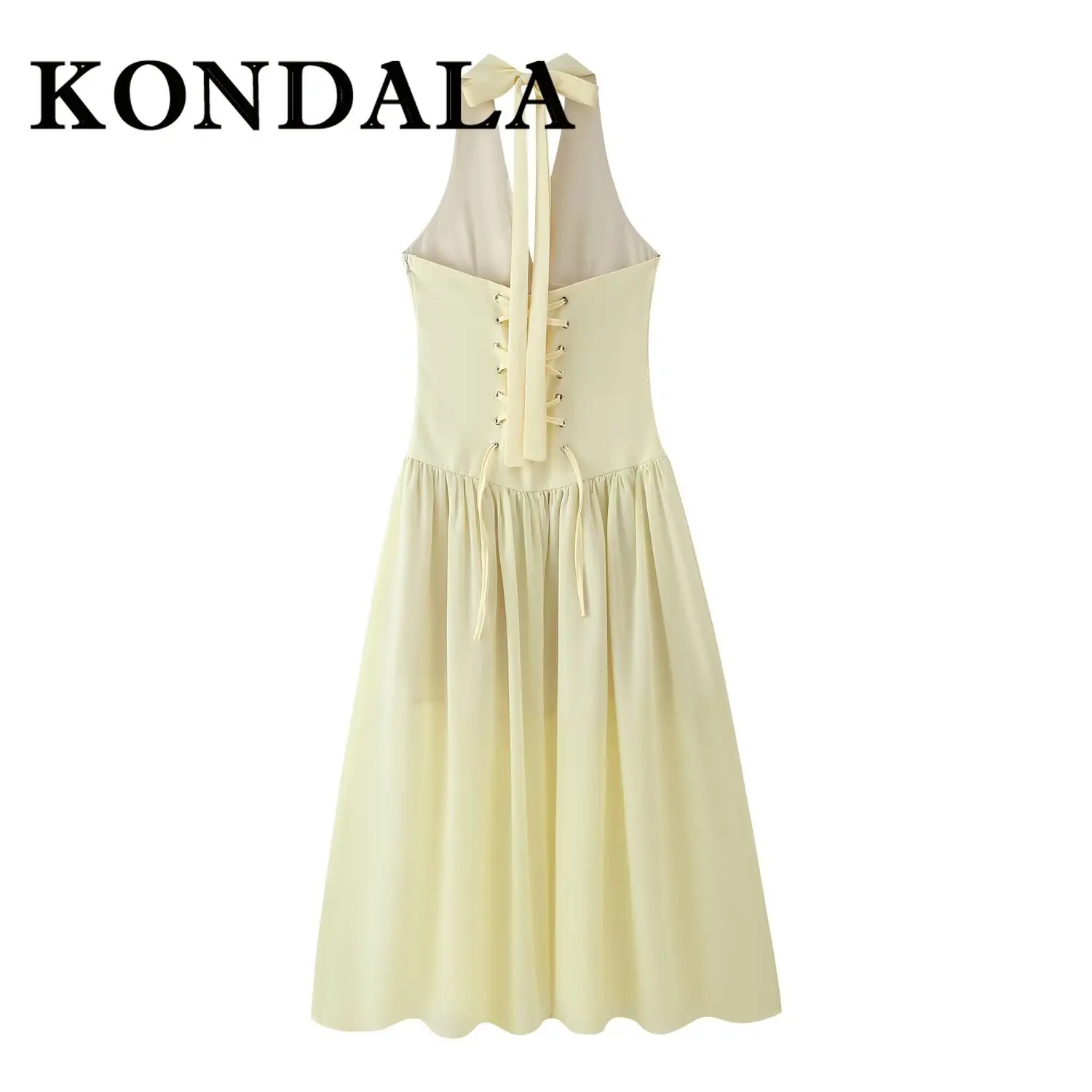 KONDALA 2025 الصلبة الأصفر المرقعة فستان طويل نجم البحر الديكور عارية الذراعين الرقبة شنت فستان مثير سستة القوس الإناث Vestidos