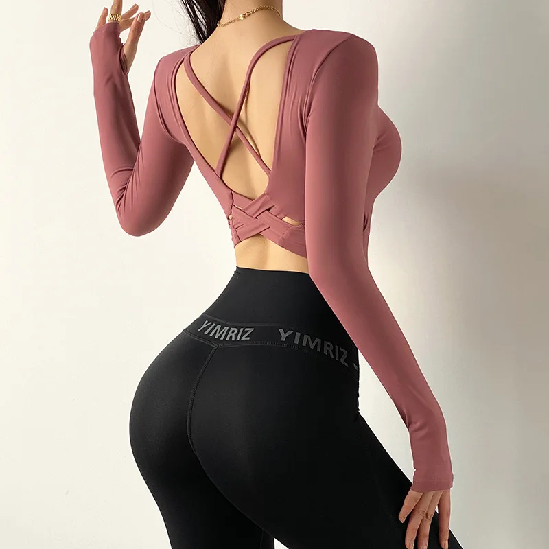 Sexy Fashion Women Yoga Long Sleeve Crop Top Back Cross Straps  Chest Pad Workout Gym Fitness Slim Tops Elastic Breathable Shirt