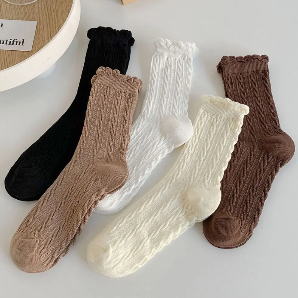 1/5 Pairs Durable Warm Winter Thickened Wool Socks Anti-Cold Solid Color Medium Tube Tights Lace Seamless Polycotton Snow Socks