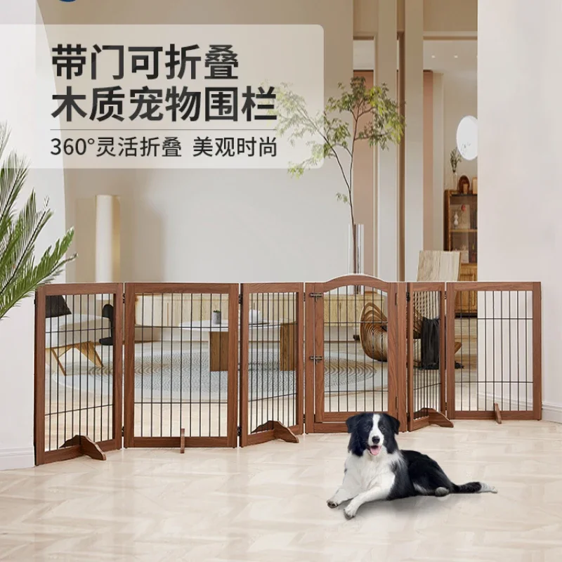 Pet Fence Foldable Wooden Dog Fence Metal Mesh Dog Cage With Cat Door Indoor Door Fence