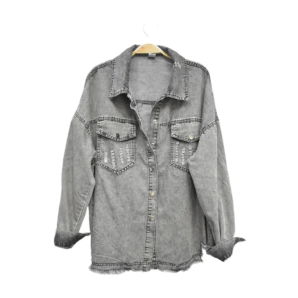 2023 New Tassel Gray Denim Jacket Women Boyfriend Coat Long Sleeve Spring Loose Jackets Europe America Street Style Casual Coats