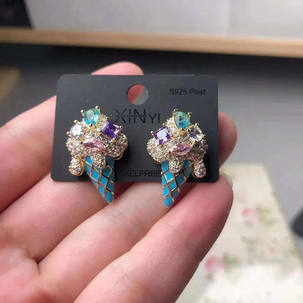 

Heavy Industry Inlaying Technology Multi Colored Zircon Blue Ice Cream Earrings Women's Fun and Cute High-end Earrings