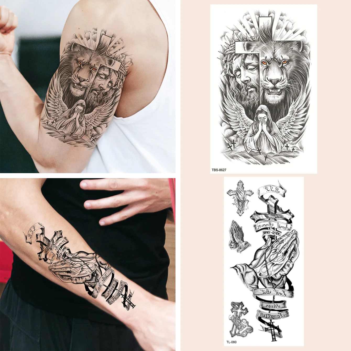 

2pcs Waterproof Temporary Tattoo Sticker Cross Angel Jesus Lion Hands Fake Tatto Flash Tatoo Tato for Girl Women Men
