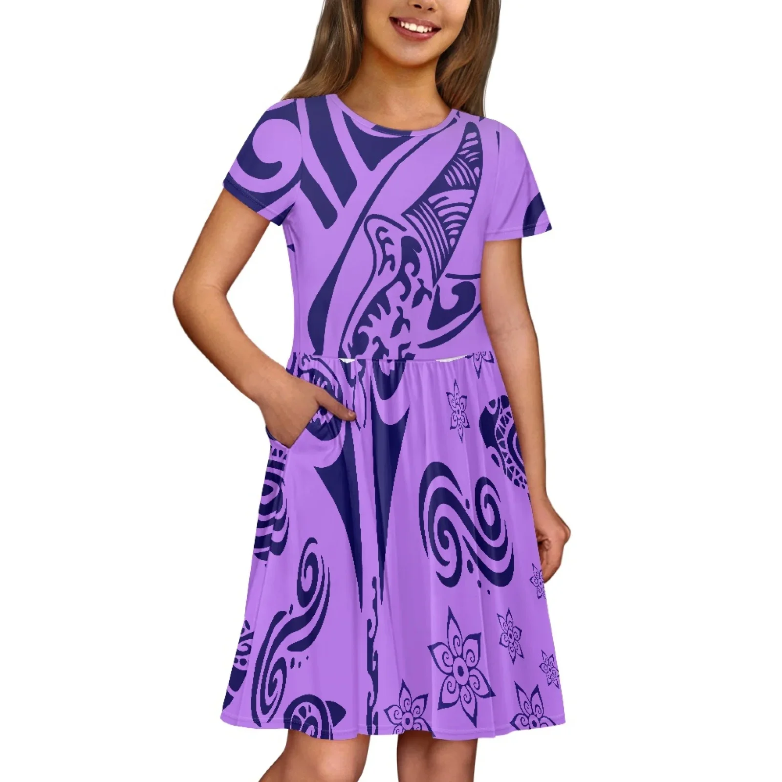 Polynesian Tribal Pohnpei Totem Tattoo Prints Beach Casual Short Sleeves Dress Elegant Child Black White Knee-length Dresses