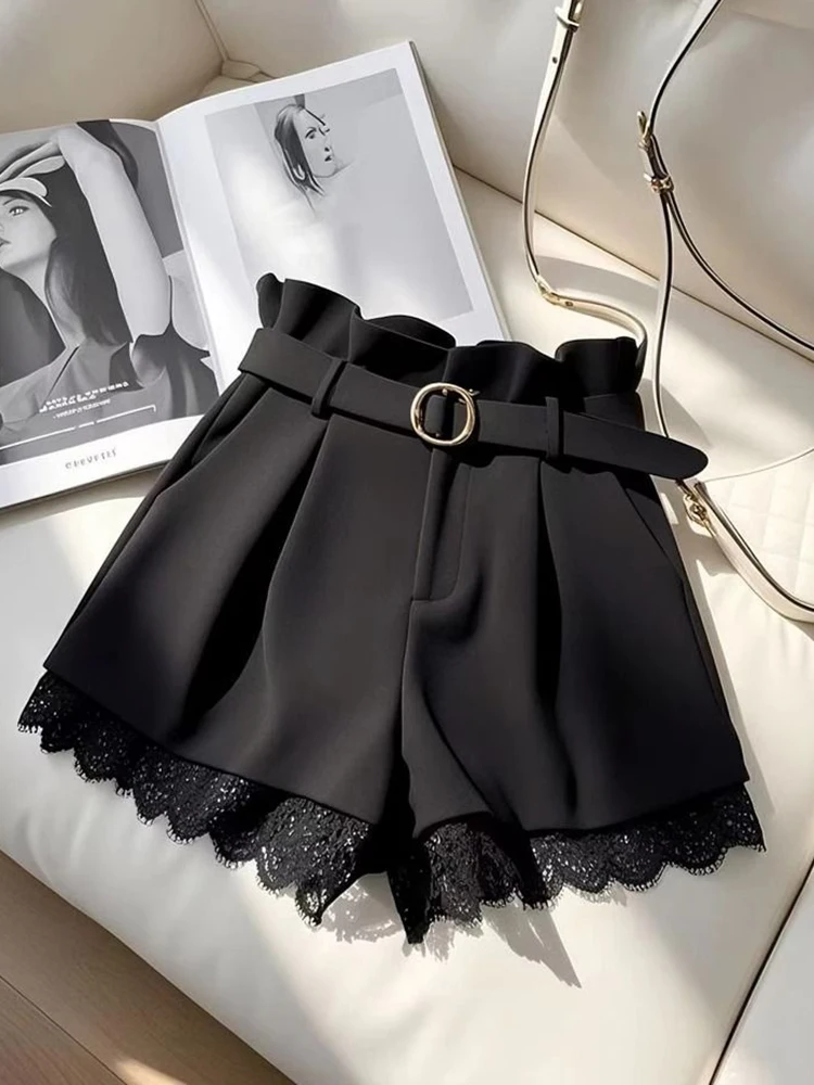 Sexy Slim Belt Shorts Women Fashion Lace Patchwork Sweet Black Shorts Summer Female High Waist Streetwear Chic Pockets Shorts
