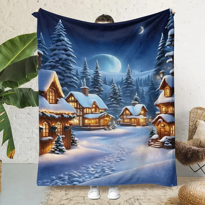 Zeitgenössische Flanell-Fleece-Überwurfdecke – Winterszene mit Digitaldruck und verschneiten Dorf und Mond – weich warm