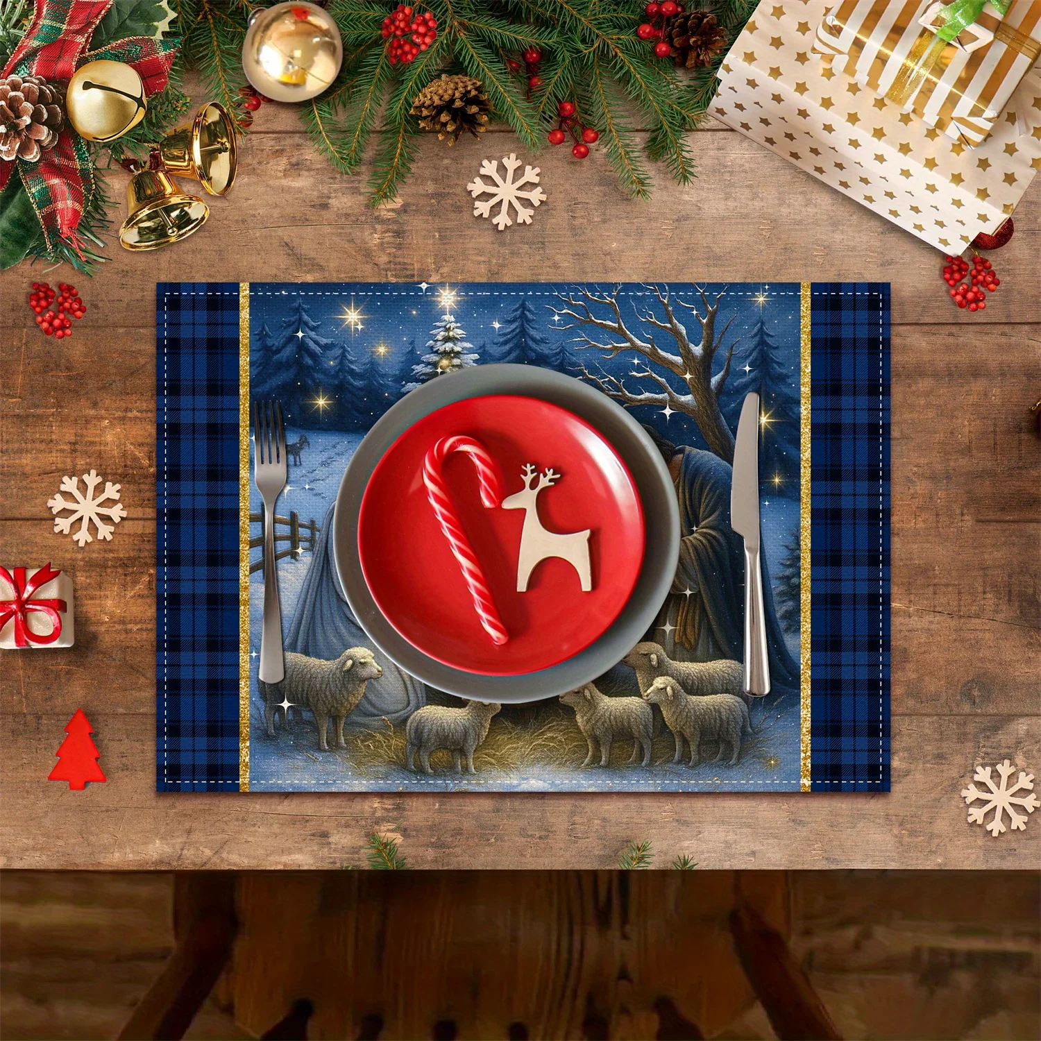 4pcs Festive Christmas Placemats 12x18 In Polyester, Hand Wash Only, Rectangular Table Mats with Starry Night Scene