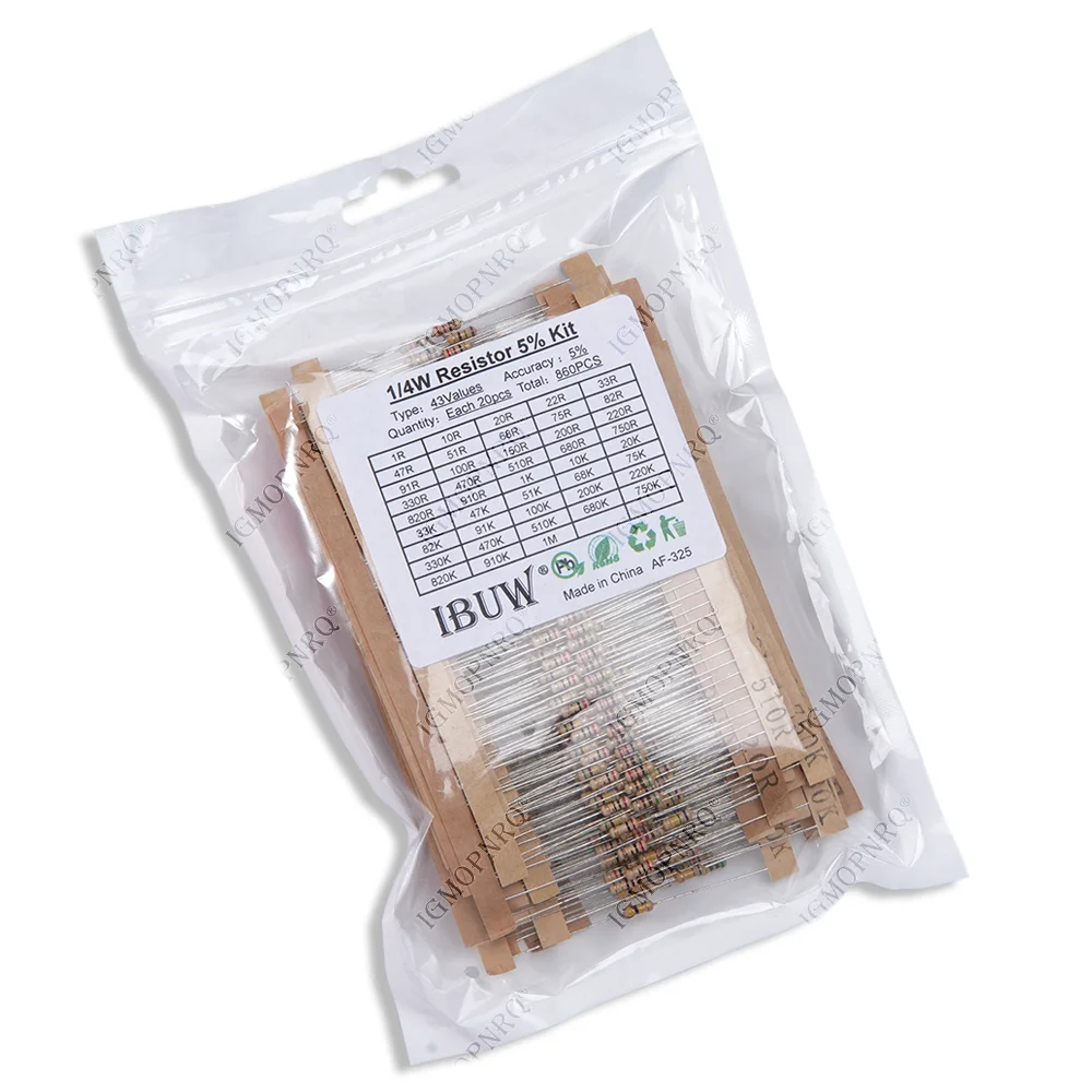 860 قطعة/الوحدة طقم المقاوم من فيلم الكربون 1/4 واط 5% المقاومات مجموعة متنوعة 43 قيم * 20 قطعة المقاومة 1R-1 متر أوم 0.25 واط المقاوم حزمة