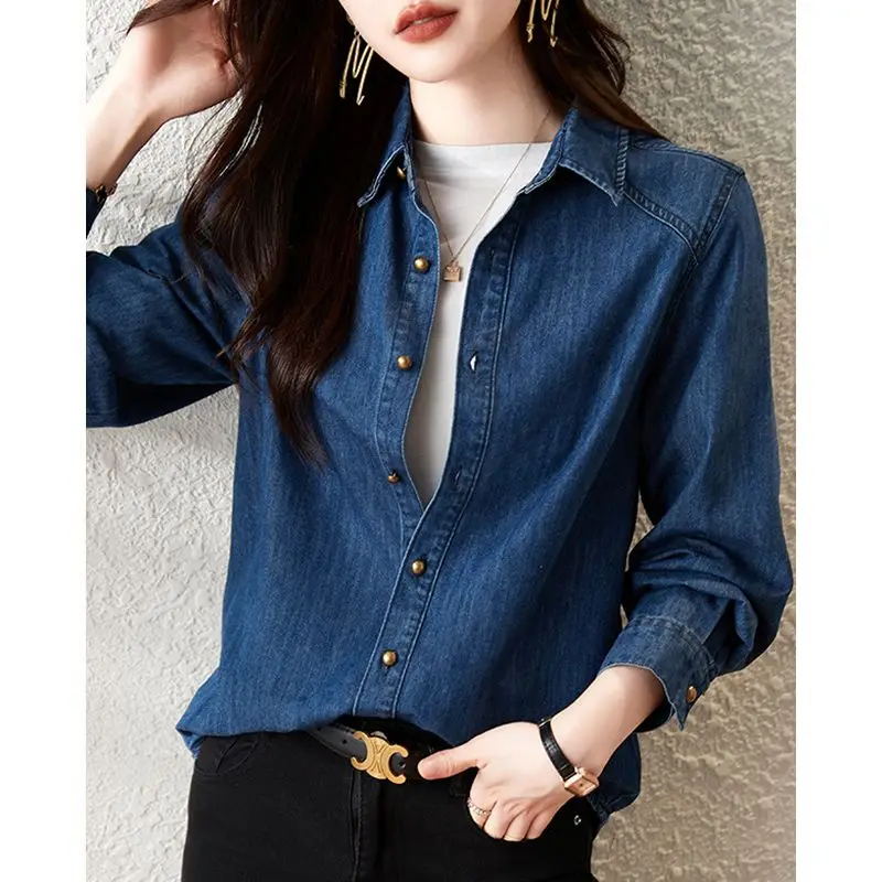 Women\'s Spring Autumn Turn-down Collar Solid Distressed Button Cardigan Long Sleeve Denim Coats Casual Office Lady Vintage Tops