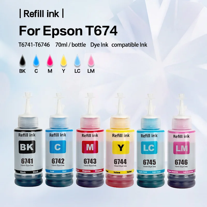 For EPSON 674 T674 Ink Refill 6 Colors For EPSON R330 L1800 L800 L801 L810 L850 1390 R230 R330 Printer black and colors