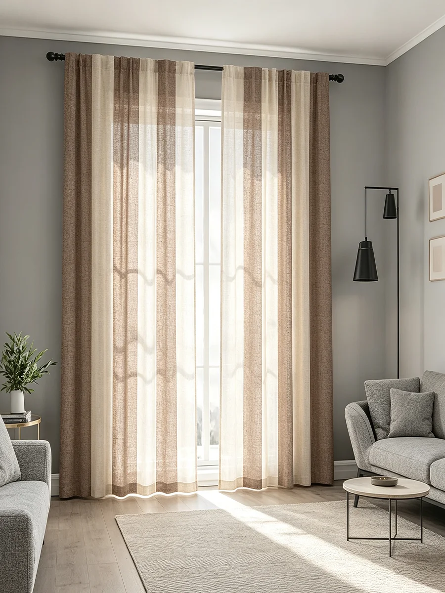 2PCS Digital Printed Curtains, Brown Beige Vertical Stripe Pattern, Modern Minimalist Style for Living Room Bedroom Home Decor