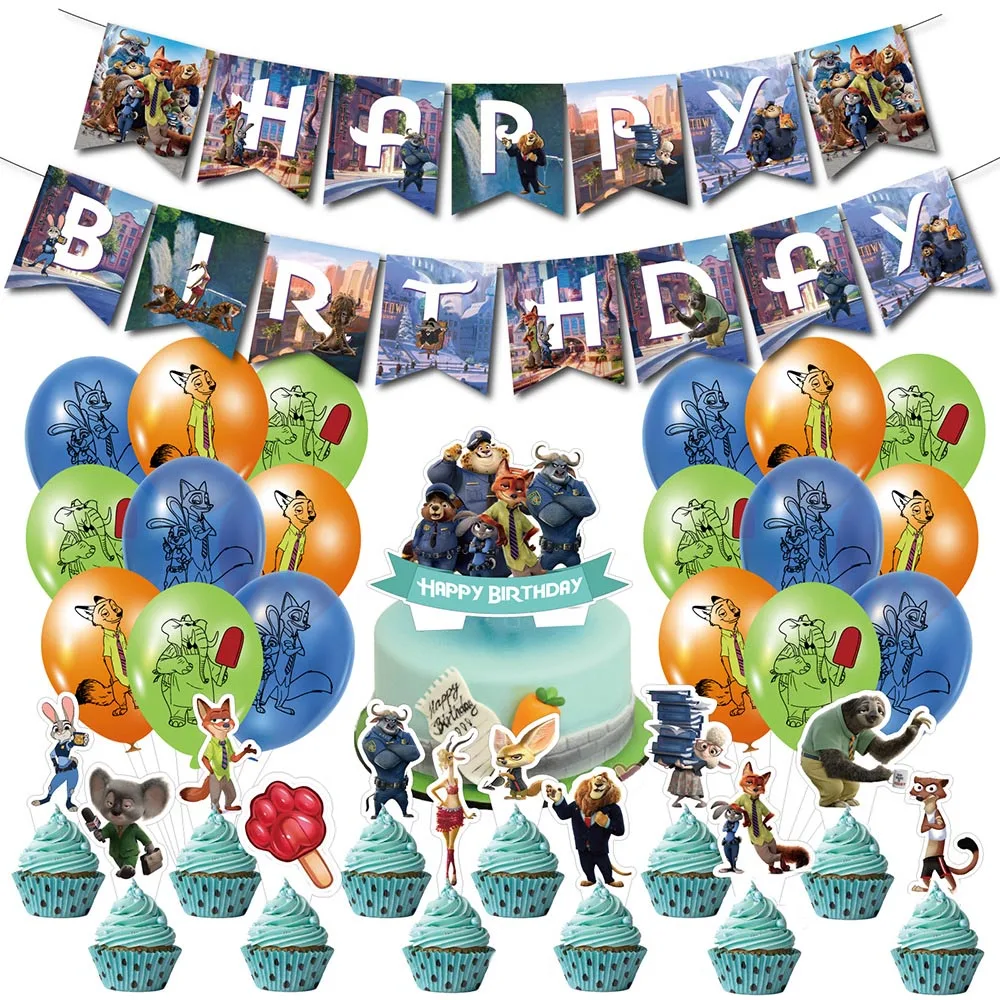 Judy Nick Zootopia Happy Birthday Party Supply Background Balloon Cupcake Topper Decoration Banner Wedding Home Decor Kid Gift