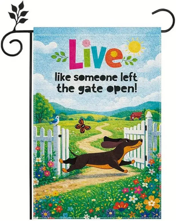Welcome Garden Flag 12x18 Inch, Funny Dog Garden Flag “Live Like Someone Left the Gate Open”, Cute Dog Outdoor Yard Lawn Por jjp