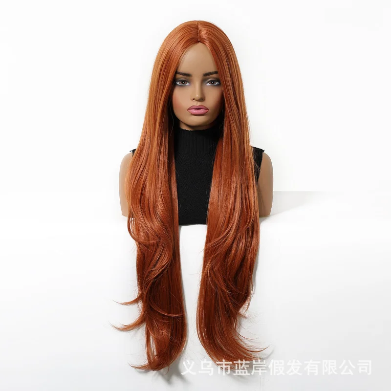 

Новый оранжевый парик для женщин, полный комплект, с центральным пробором, многослойный, слегка вьющийся, длинные прямые волосы, 32 дюйма, праздничный стиль, синтетический