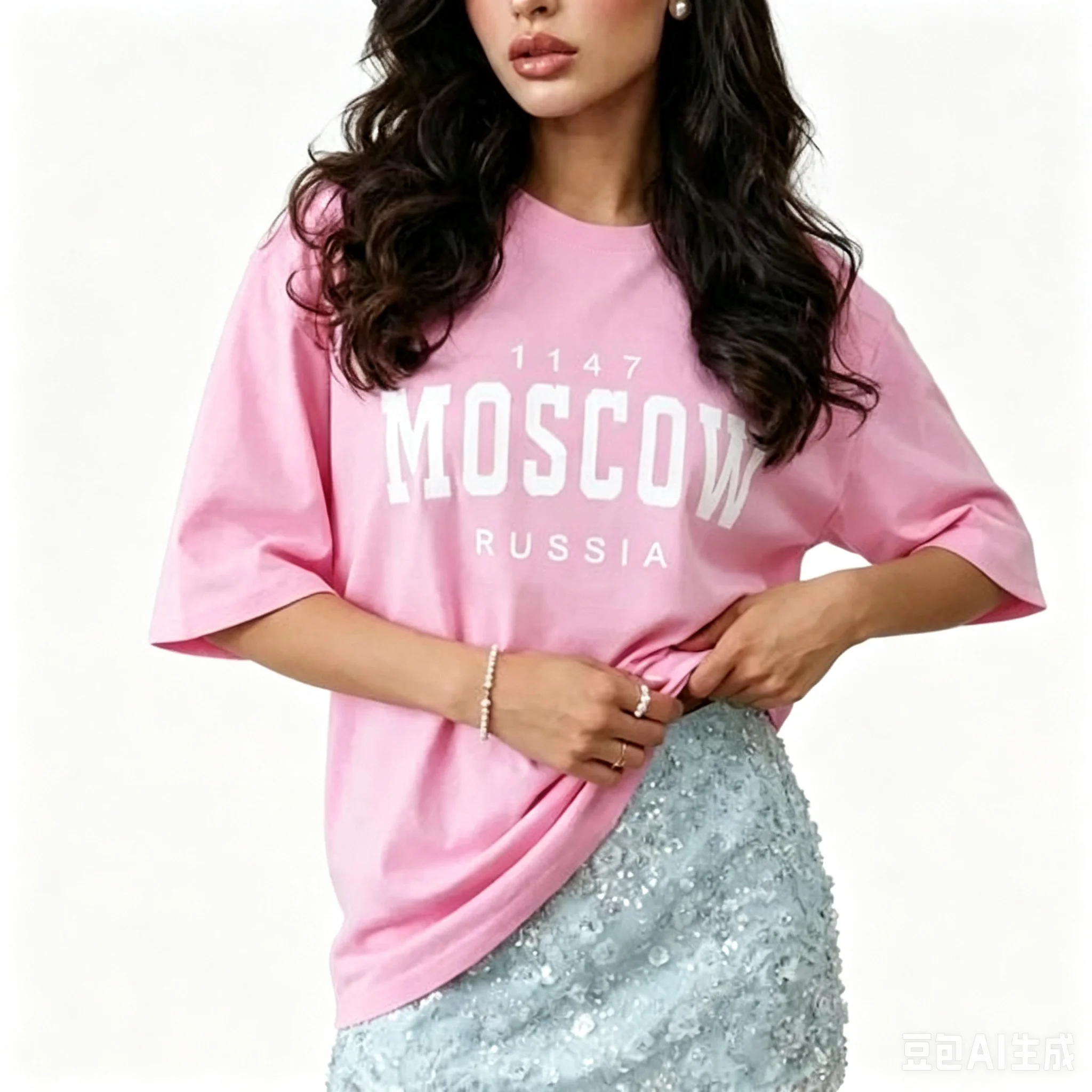 Slavic Travel Pink Oversized Tee Retro Varsity Moscow Russia 1147 Bold Letter Front Print Soft Cotton Loose Women Street T Shirt