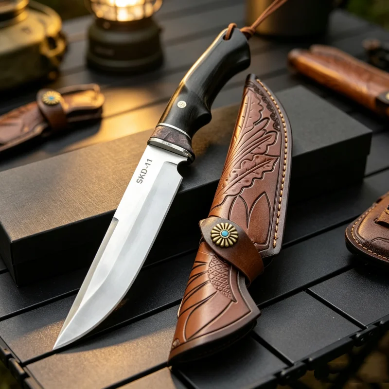 SKD-11 Steel Collectible Fixed Blade Tool, Stabilized Wood Handle, Decorative Sheath with Gift Box, Hand Craft EDC Display Tool