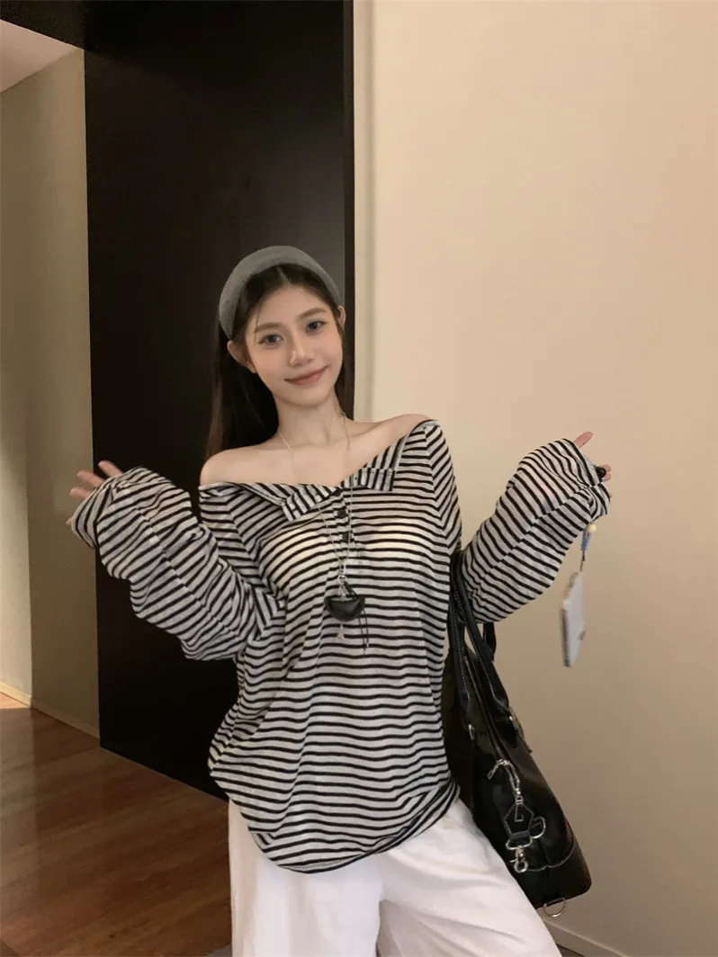 Rose rayé longue Sve une épaule T-irt femmes début du printemps paresseux Sle ample décontracté oulder exposition haut