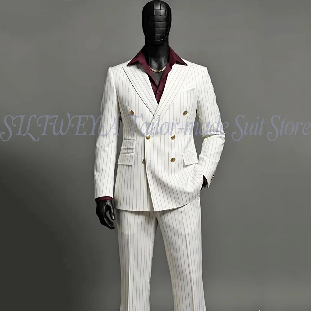 

Fashion White Stripe Double Breasted Men's Blazer Sets Wedding Groom Tuxedos Business Casual 2 Pieces Jacket Pants Costume Homme