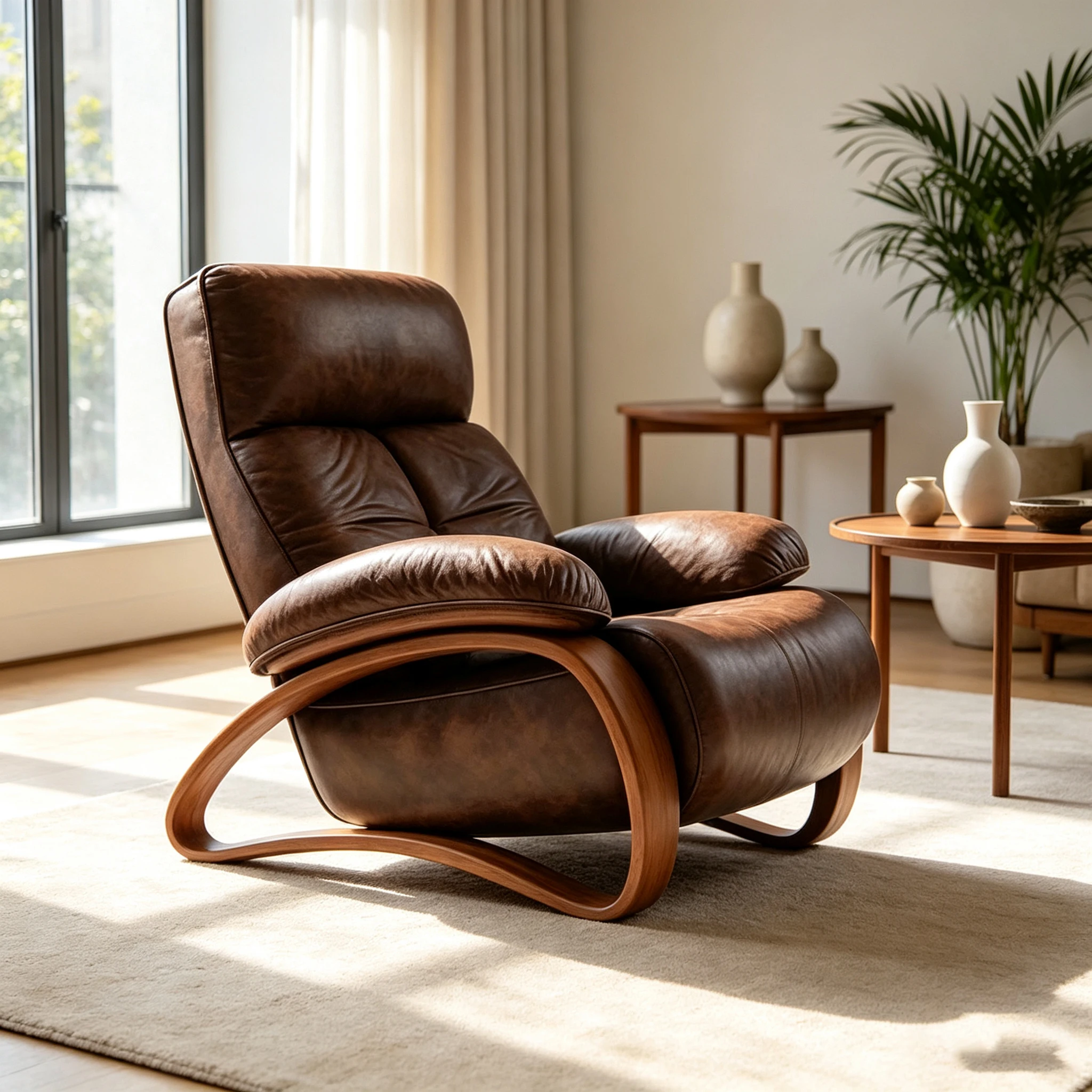 Curved wooden rocking chair modern brown imitation old leather upholstered environmental protection single