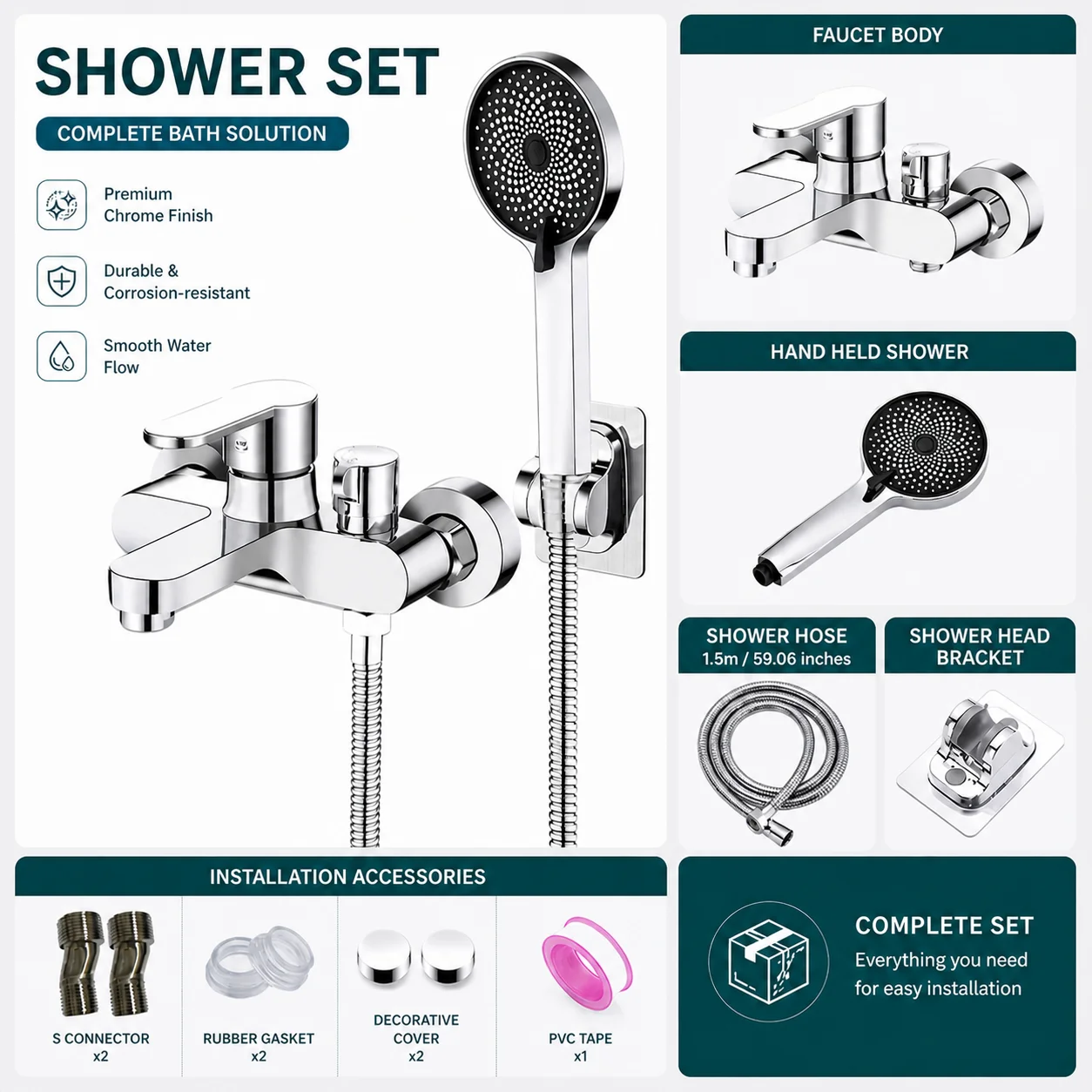 Shower Set Chrome Wall Mounted Mixer Faucet with Handheld Shower Head Hose Bracket Complete Bathroom Shower Kit Durable Anti-Rus
