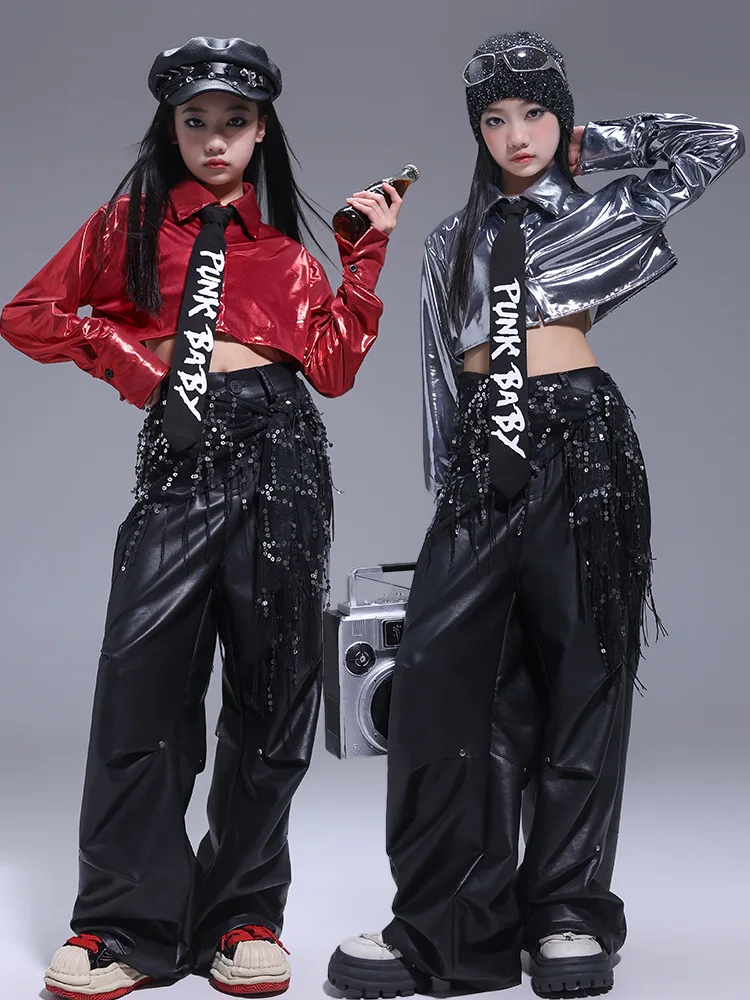 Girls Hip Hop Silver Crop Shirt Street Dance K-pop Leather Pants Boys Cool Jacket Clothes Sets Kids Child Jazz Shiny Streetwear